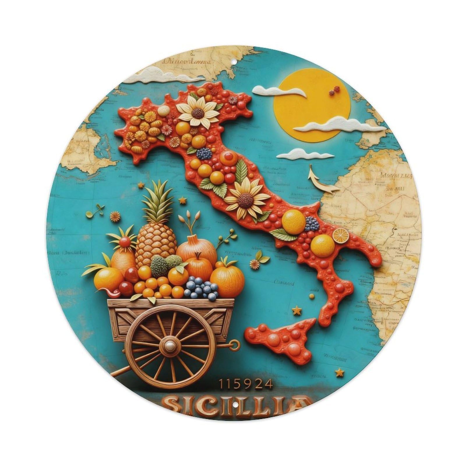 Italy Map Fruit Cart Sun Round Metal Tin Sign Vintage Wall Decor, Bar Garage Cafe Kitchen Home Wall Art Poster 8x8inches