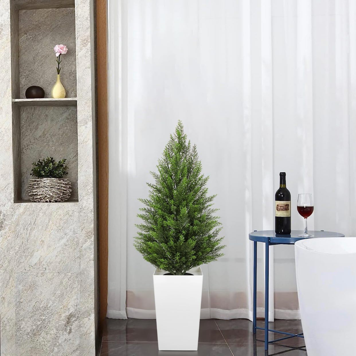 Briful Artificial Cedar Topiary Trees 4ft, Set of 2 Faux Potted Christmas Porch Trees Cypress Sbrubs, UV-Resistant Front Door Greenery in Tall White Planter for Indoor Outdoor Holiday Décor