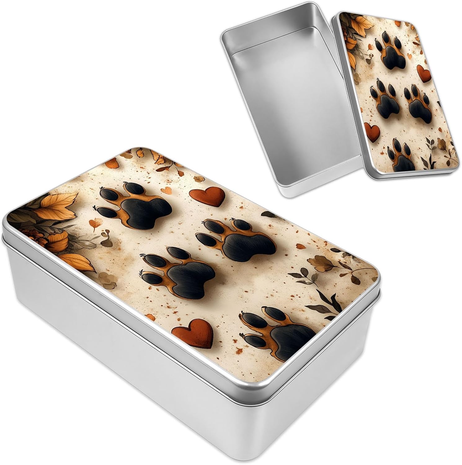 Decorative Metal Tin Box with Art Pattern Lid, Small Gift Container, Cute Dog Paw Prints Hearts Stylish Art Print Custom Pictures & Gift Ready Smooth Edges & Anti-Dent Metal Compact Size