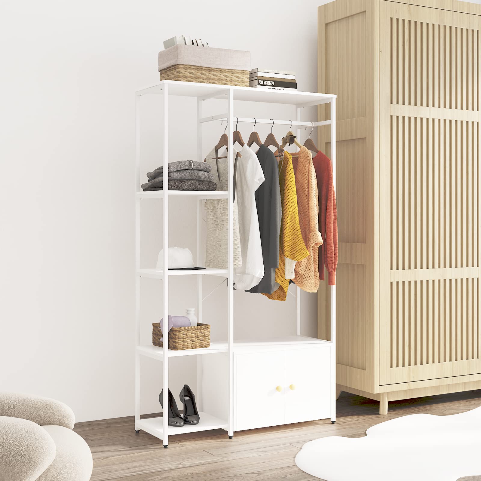Kapstok met 6 hangstangen, massief hout, Scandinavische stijl, voor kleding
