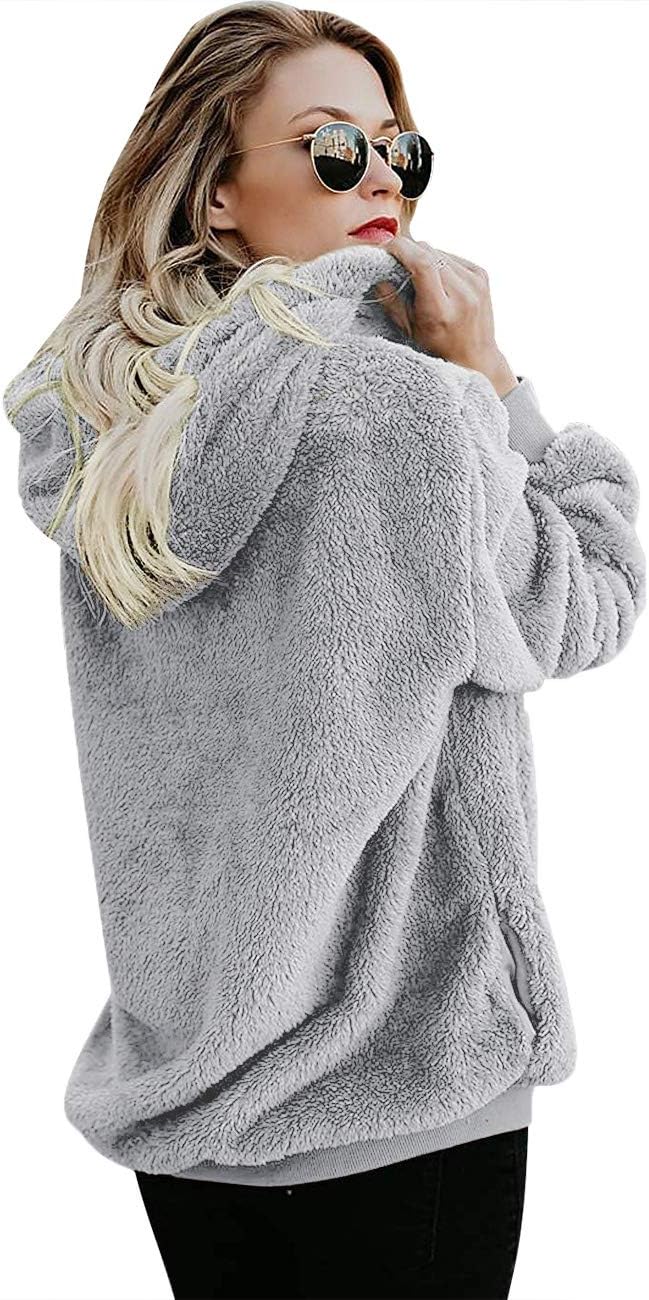 Women Casual Double Fuzzy Sweatshirt Faux Fleece Zip Pullover Hoodies Coat Outwear S-XXL - Image 2