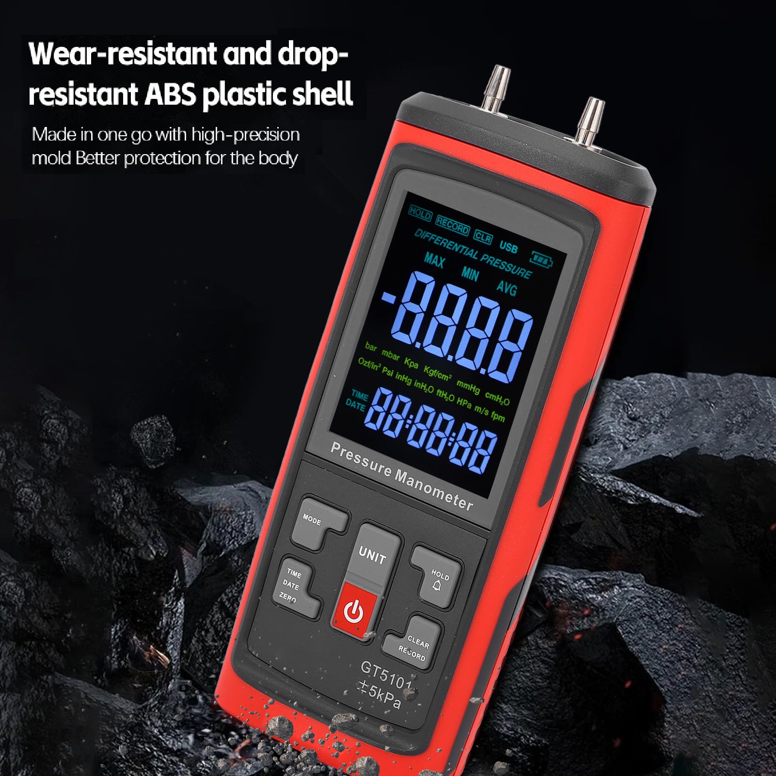 Fyearfly Medidor de Presión Diferencial ±5kPa, Pantalla LCD Retroiluminada Manómetro de Presión Digital de 2 Puertos Medidor de Presión de Gas, para Laboratorio, Sopladores, Salas Blancas