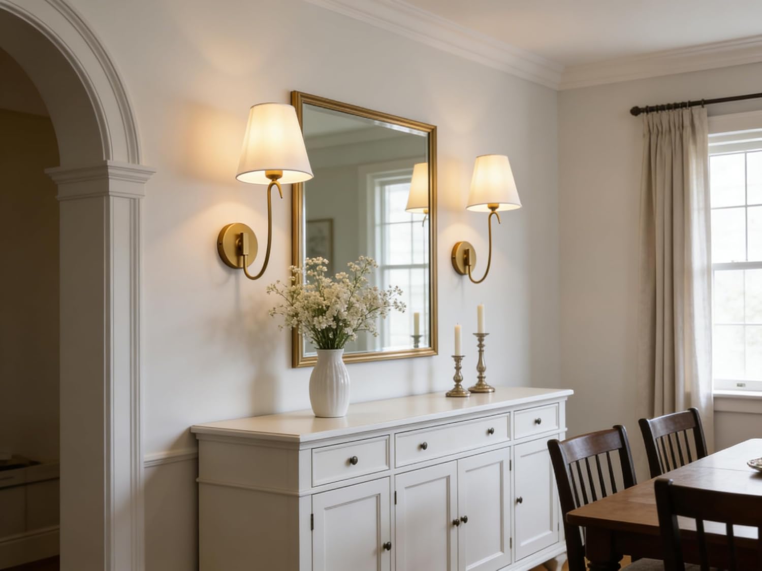 PERMO Antique Wall Sconce with White Fabric Shade Hardwired Wall Light Goose-Neck Design Scocnes for Bedroom, Living Room, Hallway