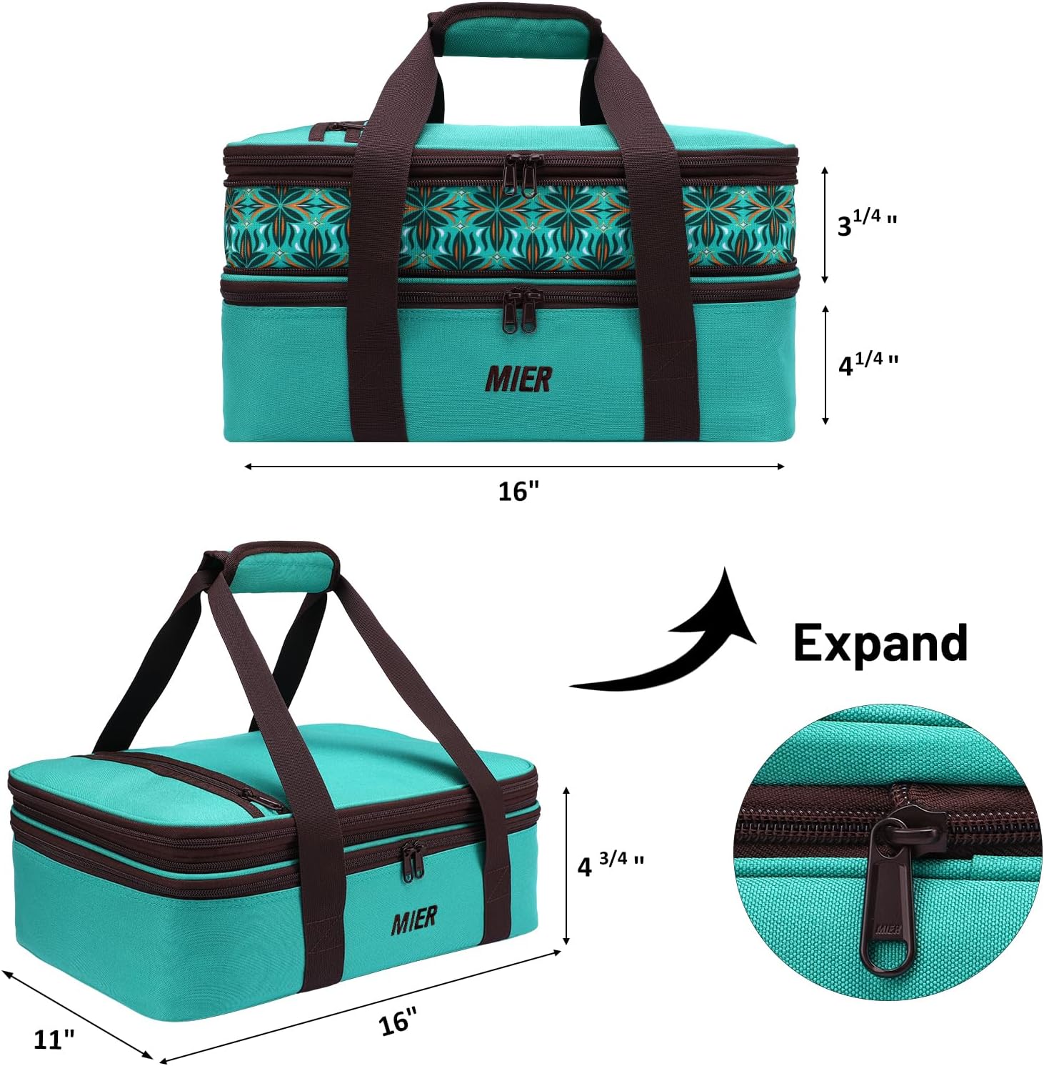 MIER Insulated Double Casserole Carrier Bag Thermal Lunch Tote for Lasagna Lugger, Potluck Parties, Picnic, Beach, Fits 9 x 13 Inches Baking Dish, Casserole Dish, Expandable by Mid Zipper, Teal - Image 2