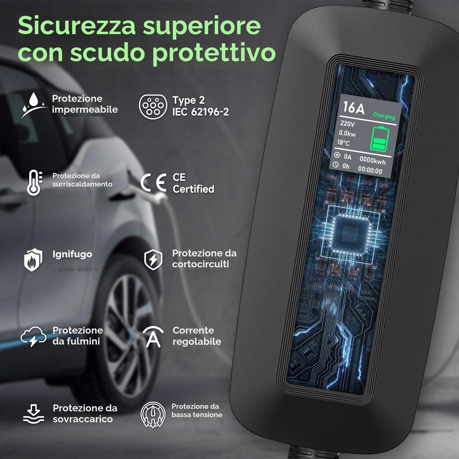 Cavo di ricarica tipo 2, 11 kW, 3 fasi, 7 m, 6 – 16 A, stazione di ricarica mobile con spina CEE, potenza di ricarica regolabile EV caricatore per IEC 62196 – 2