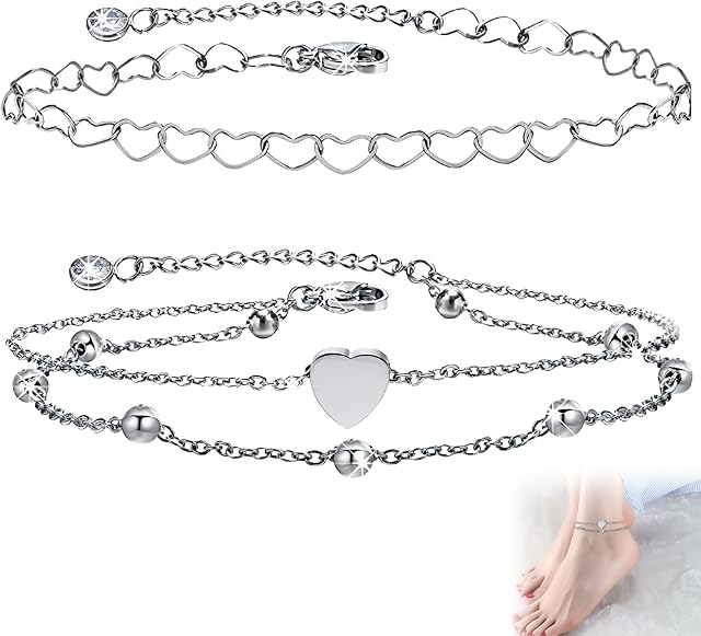 QOCO 2 Pcs Anklets for Women Silver Heart Chain Ankle Bracelet,Stainless Steel Beaded Layered Anklets Summer Barefoot Beach Foot Chain Jewelry Adjustable Boho Double Layer for Women Teen and Girls