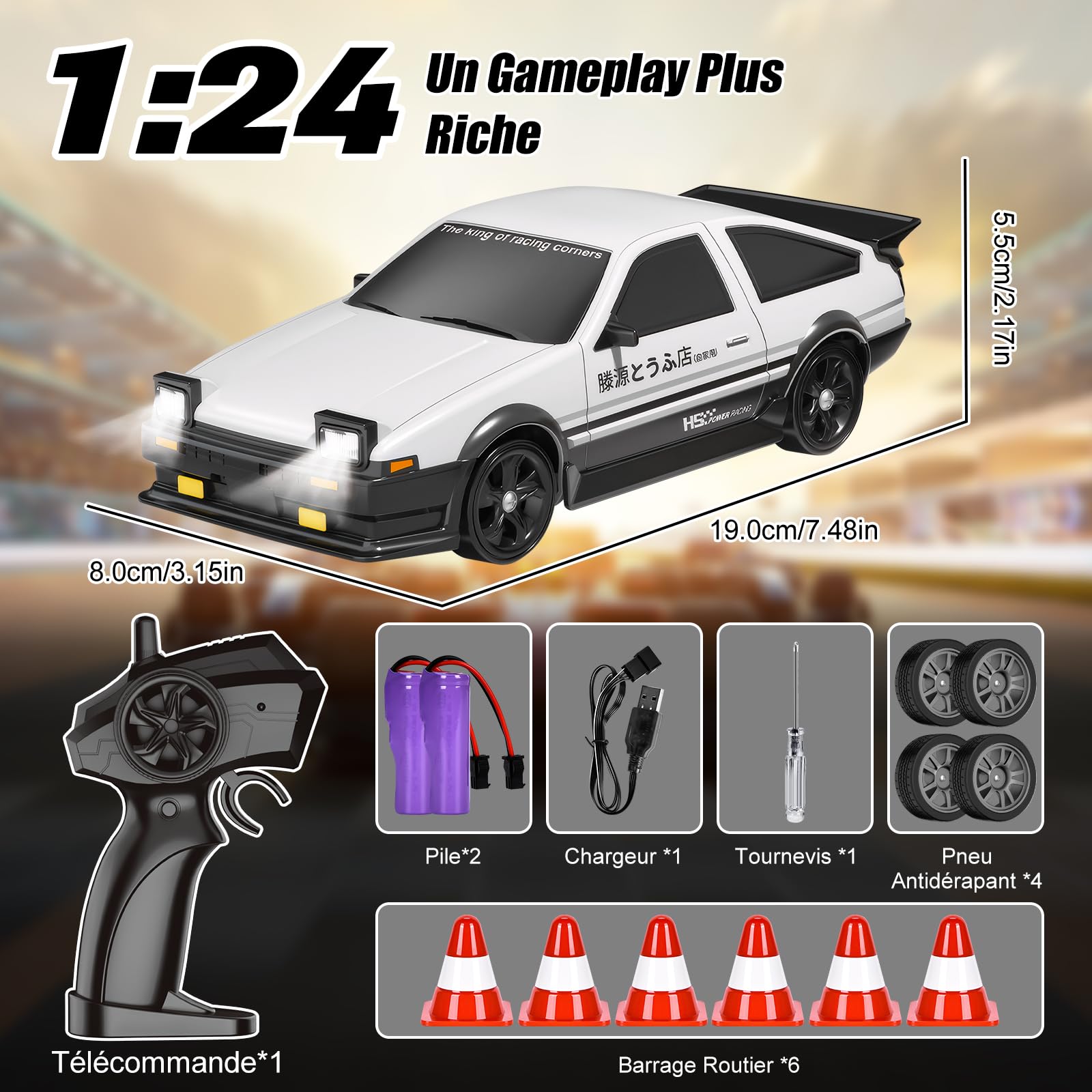 BuzzoXerex Voiture Télécommandée Drift, 1:24 Mini RC Drift Car, 4WD Dérive Voiture, Mini Voiture Télécommandée avec Lumière LED, Cadeau de Voiture Jouet pour Les Enfants de Plus de 6 Ans (Blanc)