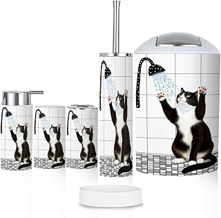 Bathroom Accessory Set 6 Piece Funny Cat Shower Curtain Black White Cute Kitten Taking Toothbrush Cup Toothbrush Holder Soap Dispenser Soap Dish Trash Can with Lid Toilet Brush Holder Counter Decor