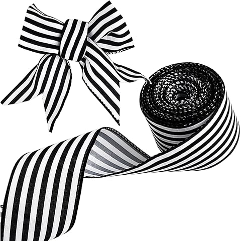 Black and White Striped Ribbon - Upgraded Polyester Wired Ribbon for Crafts, 10 Yar...