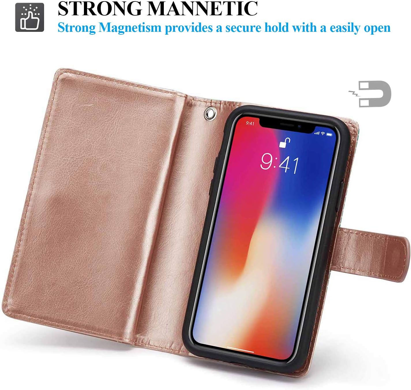 XRPow iPhone X Case, iPhone Xs Wallet Case, [2 in 1] Magnetic Detachable Wallet Case [PU Leather] Folio Flip [9 Card Slot] [Wrist Strap] Durable Protection Back Cover for iPhone X/XS 5.8Inch Gold