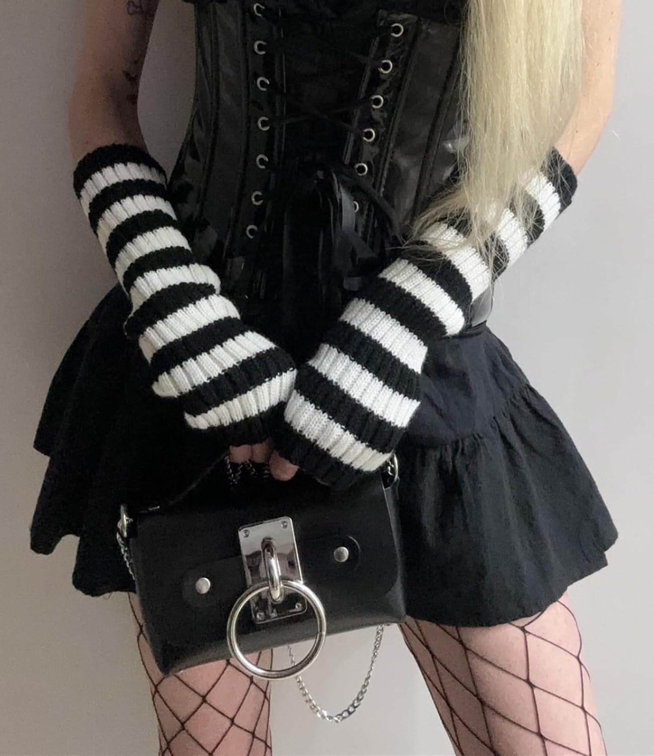 Punk Arm Warmers Goth Y2k Striped Knit Fingerless Grunge Gloves with Thumb Hole Japanese Harajuku Cosplay Style