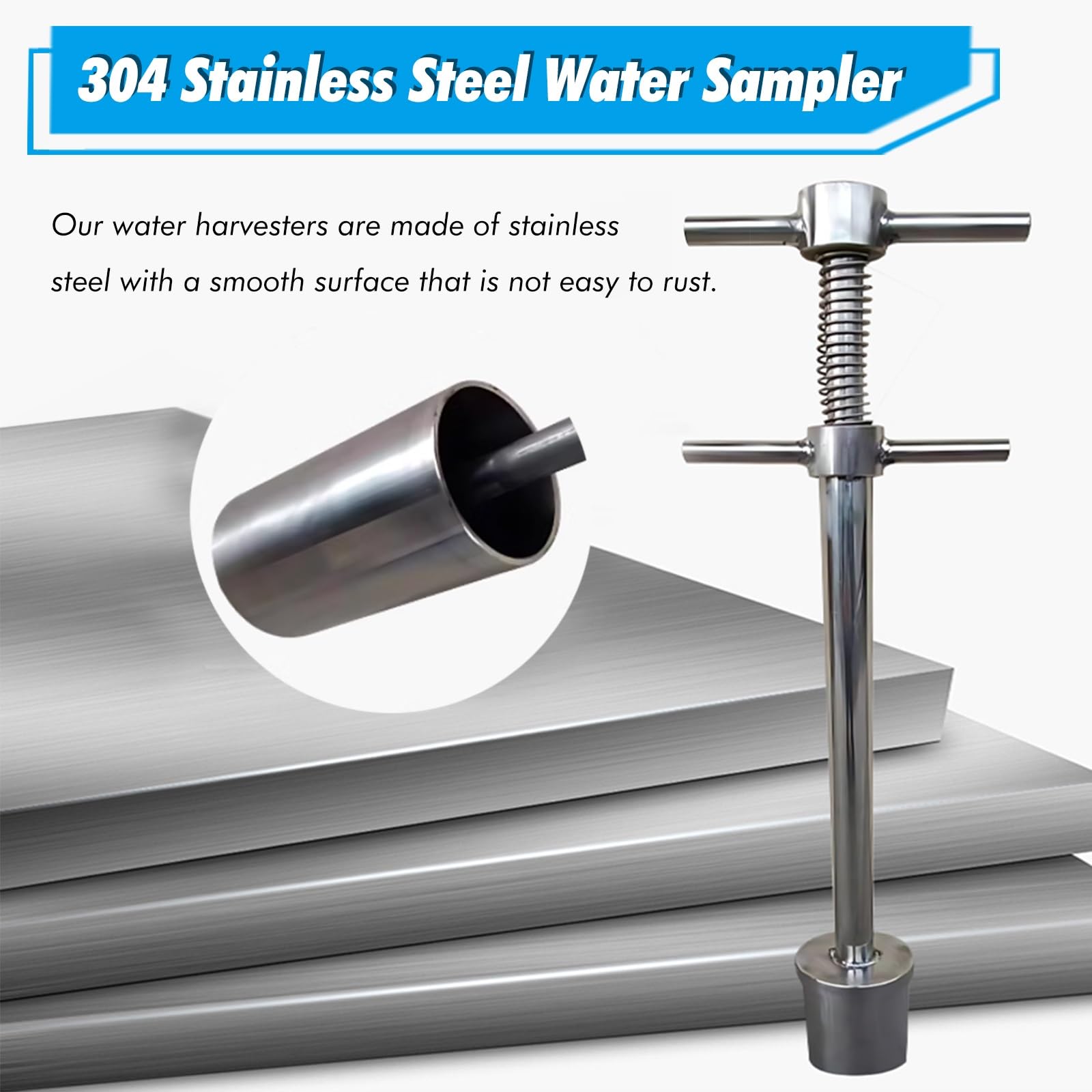 SRNSAEB Campionatore d'Acqua in Acciaio Inossidabile, Tipo a pressa, 100/200/500/800/1000 ml, Tazza di campionamento su Asta per monitoraggio Ambientale, Asta di(100cm/3.3ft,1000ml)