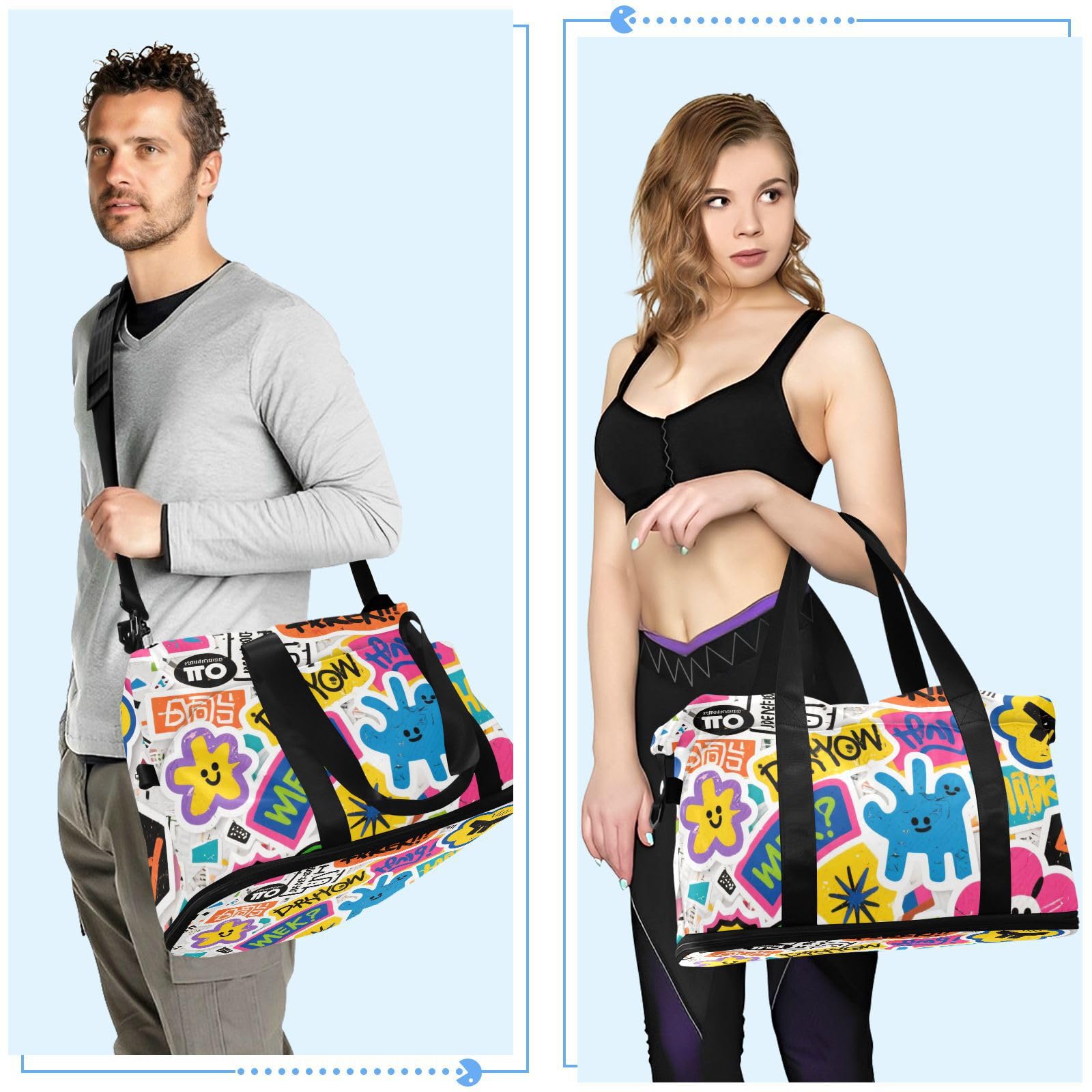 Bolsa de viaje de gran tamaño de graffiti de dibujos animados con bolsillo húmedo, correa ajustable, bolsa de entrenamiento deportivo para yoga, multifuncional para hombres y mujeres