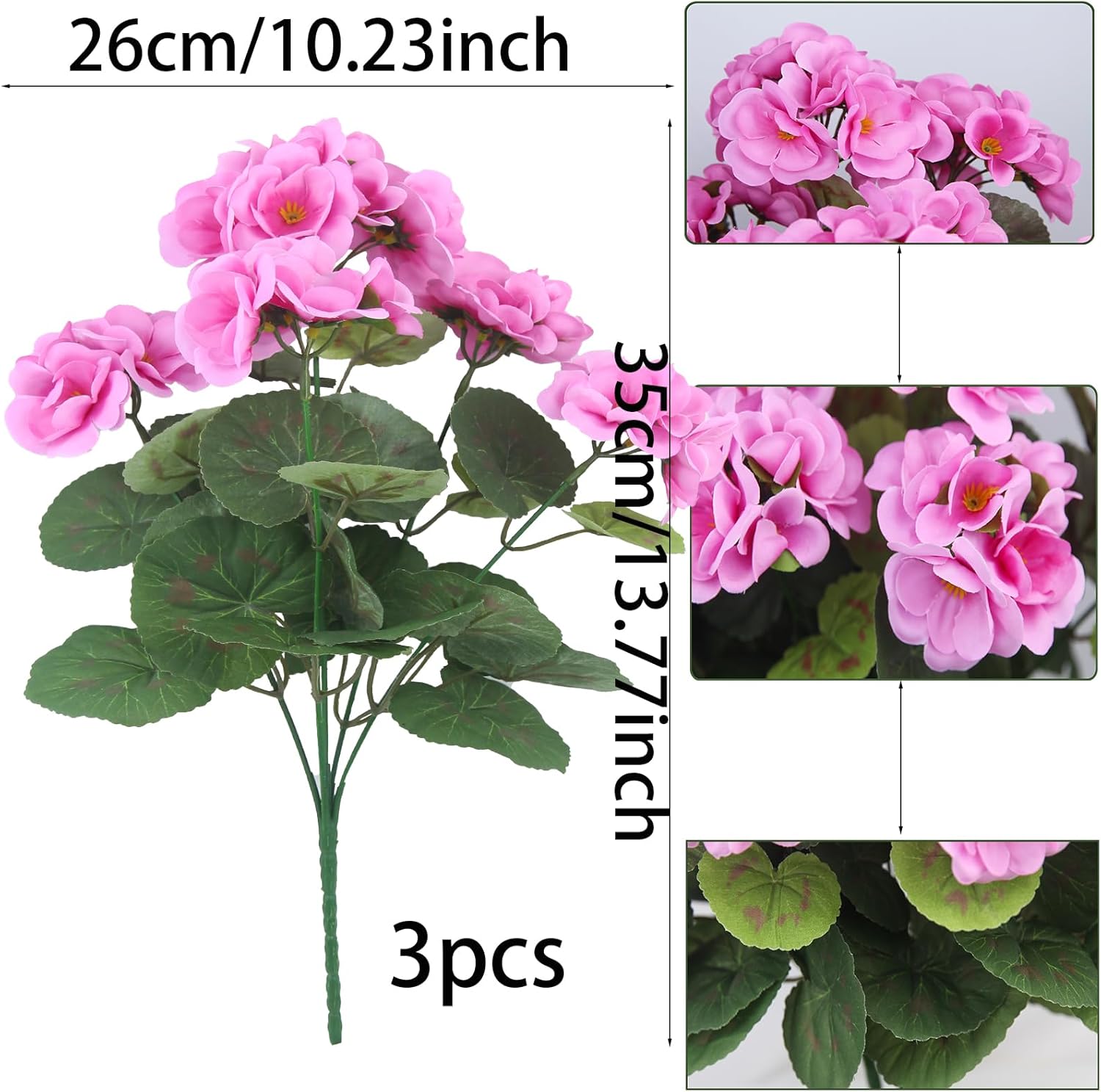 3 Pcs Artificial Geraniums Flowers Silk Geraniums for Outdoors UV Resistant Purple Pink Artificial Geranium Bush Faux Flowers Plant Geraniums for Garden Home Decor Patio Vase Table Centerpiece - Image 2