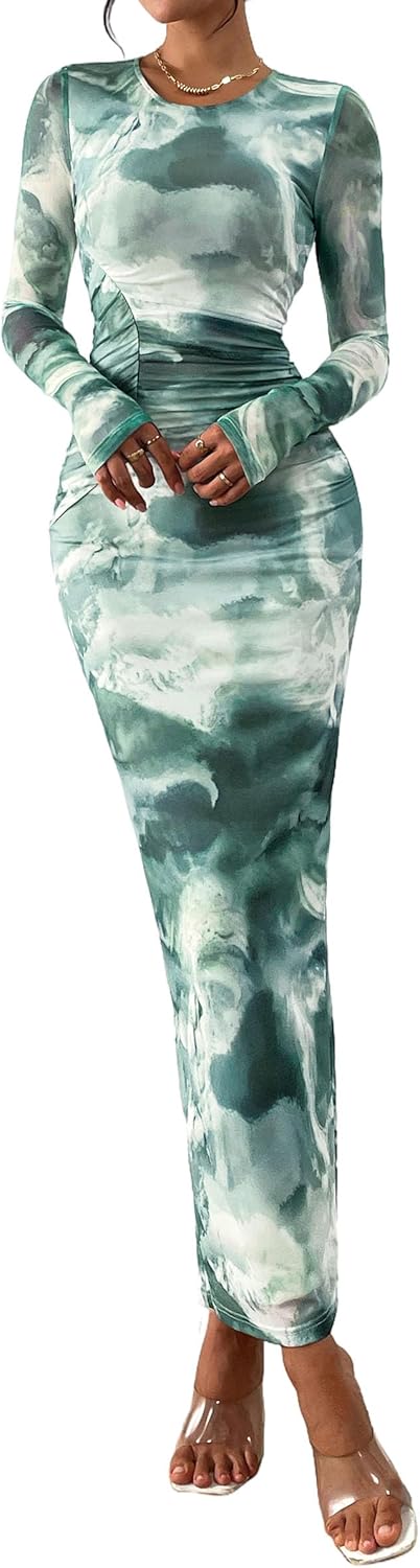 PRETTYGARDEN Wedding Guest Dresses for Women Spring Long Sleeve Ruched Bodycon Floral Mesh Cocktail Party Fall Maxi Dress