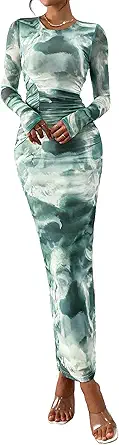 PRETTYGARDEN Fall Wedding Guest Dresses for Women 2025 Long Sleeve Ruched Sexy Bodycon Floral Mesh Cocktail Party Maxi Dress
