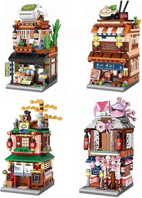 Japanese Street View Shop Blocks Building House Toy, 4 Modèles Mini DIY Modèle de construction de blocs MOC Jouet de construction