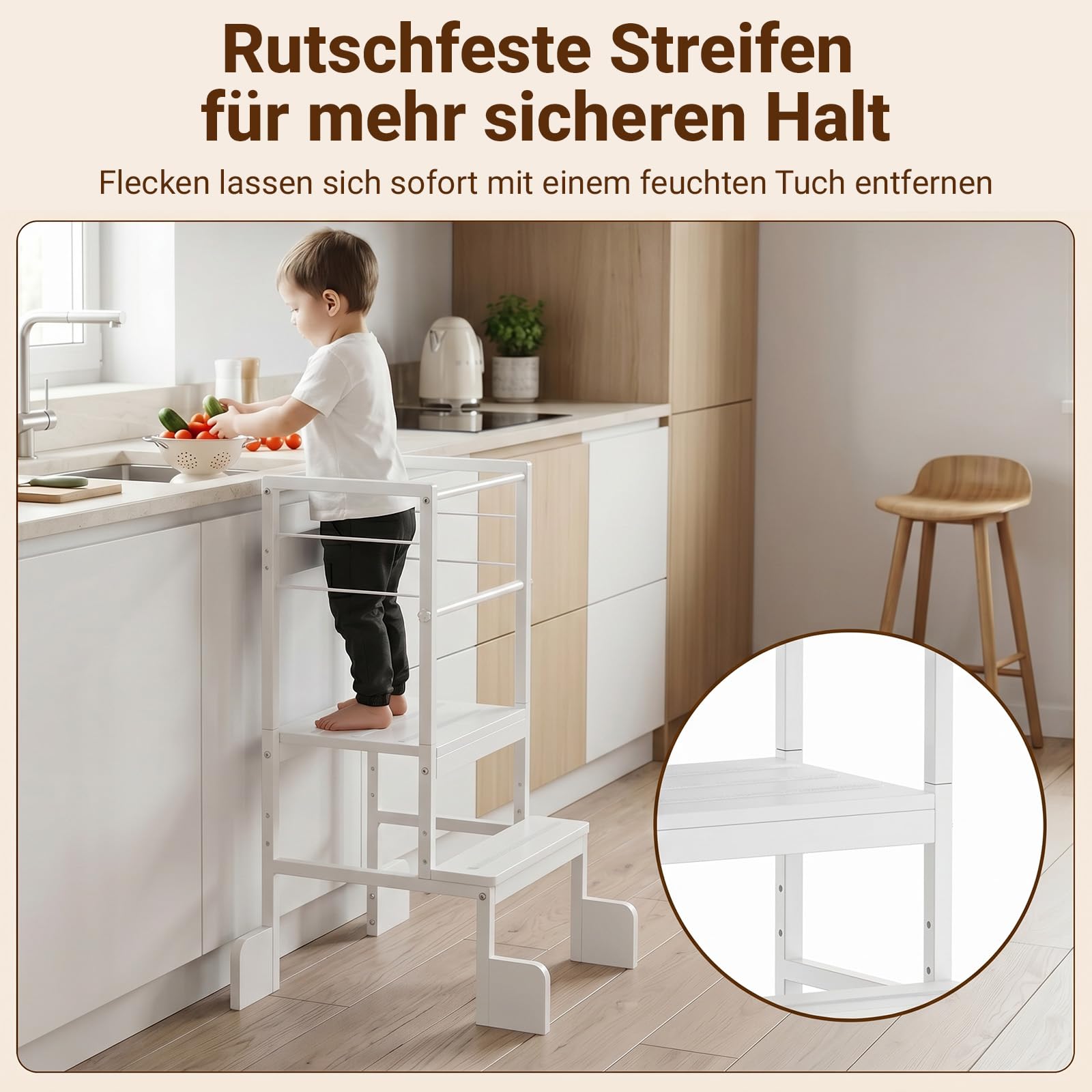 COSYLAND Lernturm Montessori Learning Tower Holz Stabil, Reinweiß | Stabiler Toddler Tower mit 4 Stützfüßen & Rutschschutz. 3-fach höhenverstellbar für Kinder ab 2 Jahren in Küche.