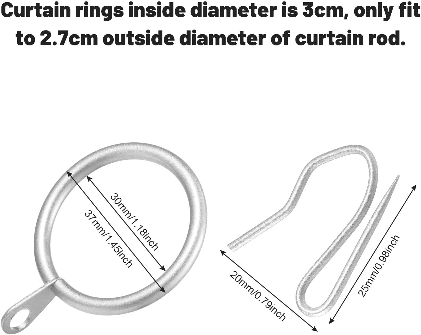 30 Pieces Metal Drapery Curtain Rings Curtain Hanging Rings and 30 Pieces Metal Curtain Drapery Pin Hooks for Window Door Shower Curtain 30 mm Internal Diameter (Matte Silver) - Image 3