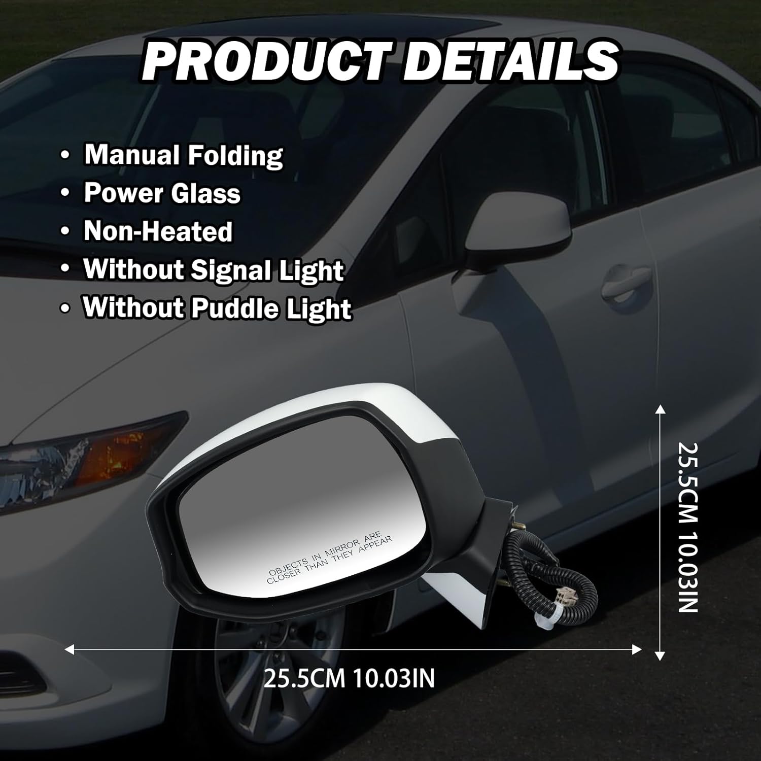 Driver Side Mirror Compatible with Honda Civic 2012 2013 2014 Rear View Mirror with Power Glass,Non-Heated Manual Folding Paintable White