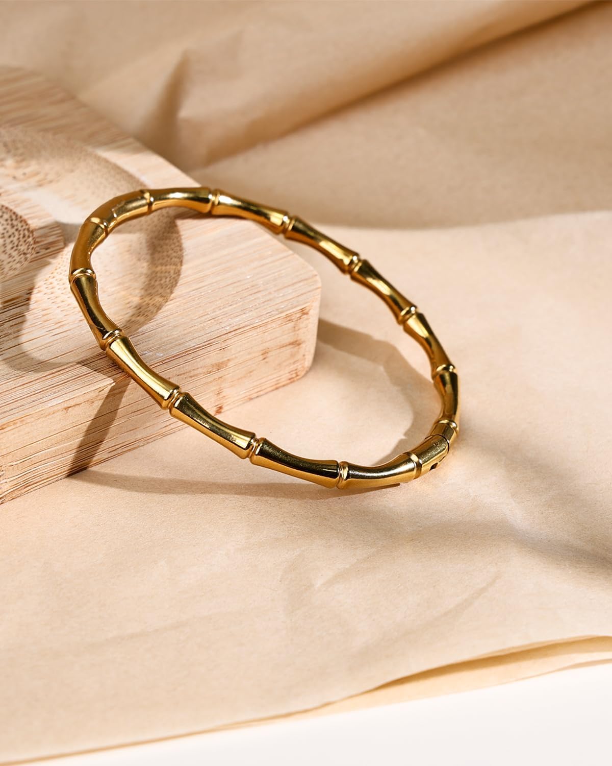 14K Gold Plated Bamboo Style Bangle Bracelet for Women, Open Clasp Cuff Gold Jewelry, Dainty Gold Bracelet Trendy Cuff Bracelets for Women, Fashion Jewelry Gift for Daughter Granddaughter Mom Sister Mothers Day Valentine Gift and Christmas - Image 3