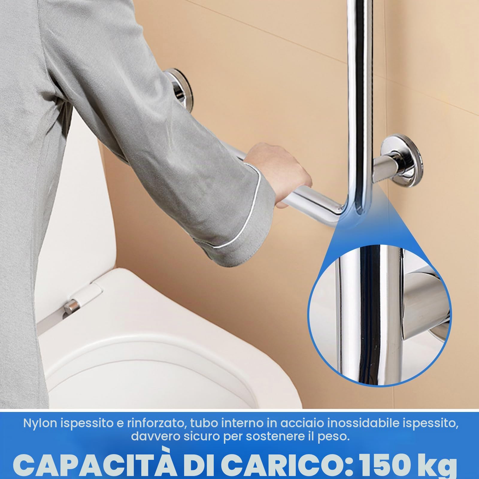Maniglia di sicurezza da bagno, in acciaio inox lucido, 70 x 50 cm, a forma di L, per docce, angolo verticale, antiscivolo, per donne incinte, anziani e handicap (argento, sinistra)
