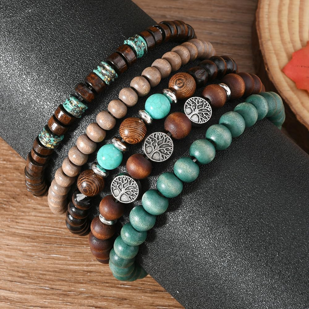 Tree of Life Beaded Bracelet for Women Men - Bohemian Wooden Beads & Stone Stretch Bracelet Stackable Jewelry Set Adjustable Spiritual Healing Bracelet gift for mom daughter - Image 2