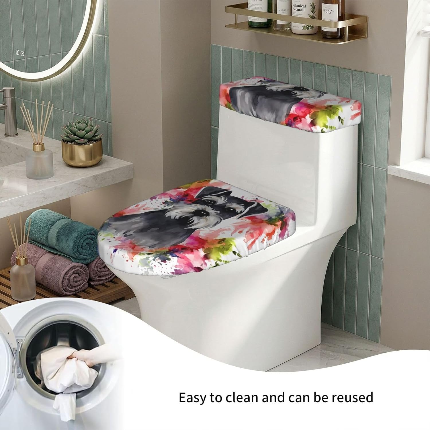 Schnauzer Toilet Tank Cover And Toilet Lid Cover Set Stretch Bathroom Toilet Lid Seat Cover