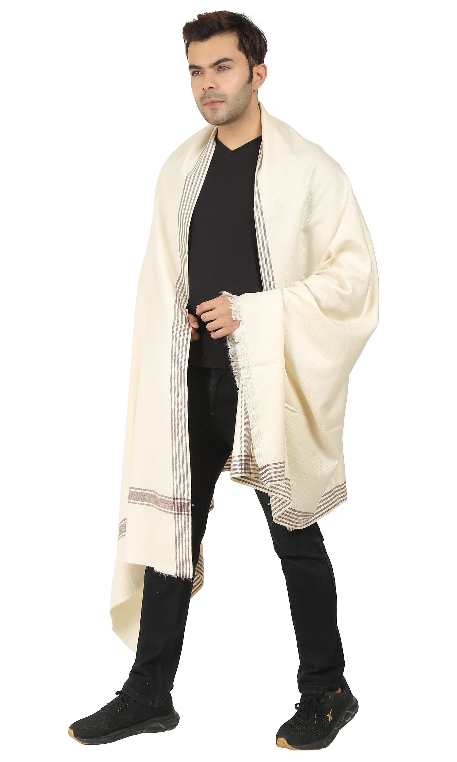 Men's Lohi Shawl - Luxury Pashmina Style Full-Size Gents Shawl/Stole Soft Comfortable Stole Solid Color With Designer Border Best Gifts (Cream with Borders)-picture-39
