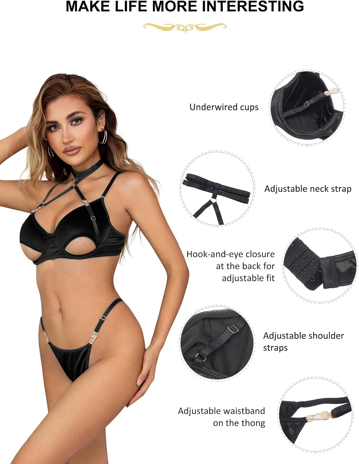 ohyeah 2 Pcs Sexy Lingerie Set Matching Velvet Bra and Thong Panties Sets for Women