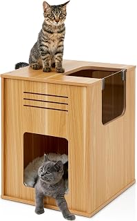 Made4Pets Cat House for Indoor Cats, Wood Kitten Hidden Cave with Scratch Pad, Cat Bed Furniture Kitty Condo with Adjustable Clear Baffle, Cute Modern Cube Hideaway Cabinet for Small Pet Under 20 Lbs