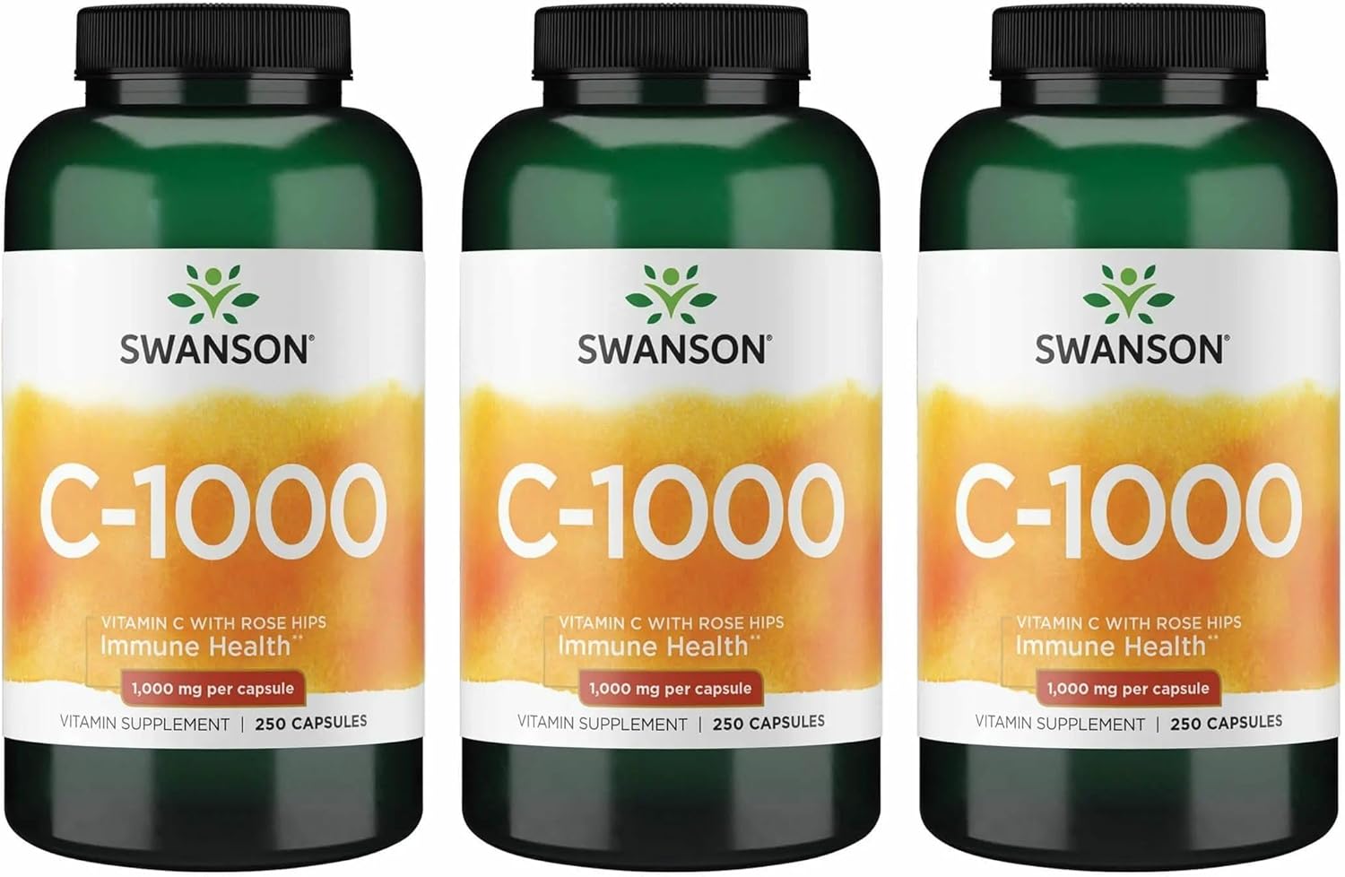 Swanson Vitamin C with Rose HIPS Immune System Support Skin Cardiovascular Health Antioxidant Supplement 1000 mg 250 Capsules (Caps) (3 Pack)