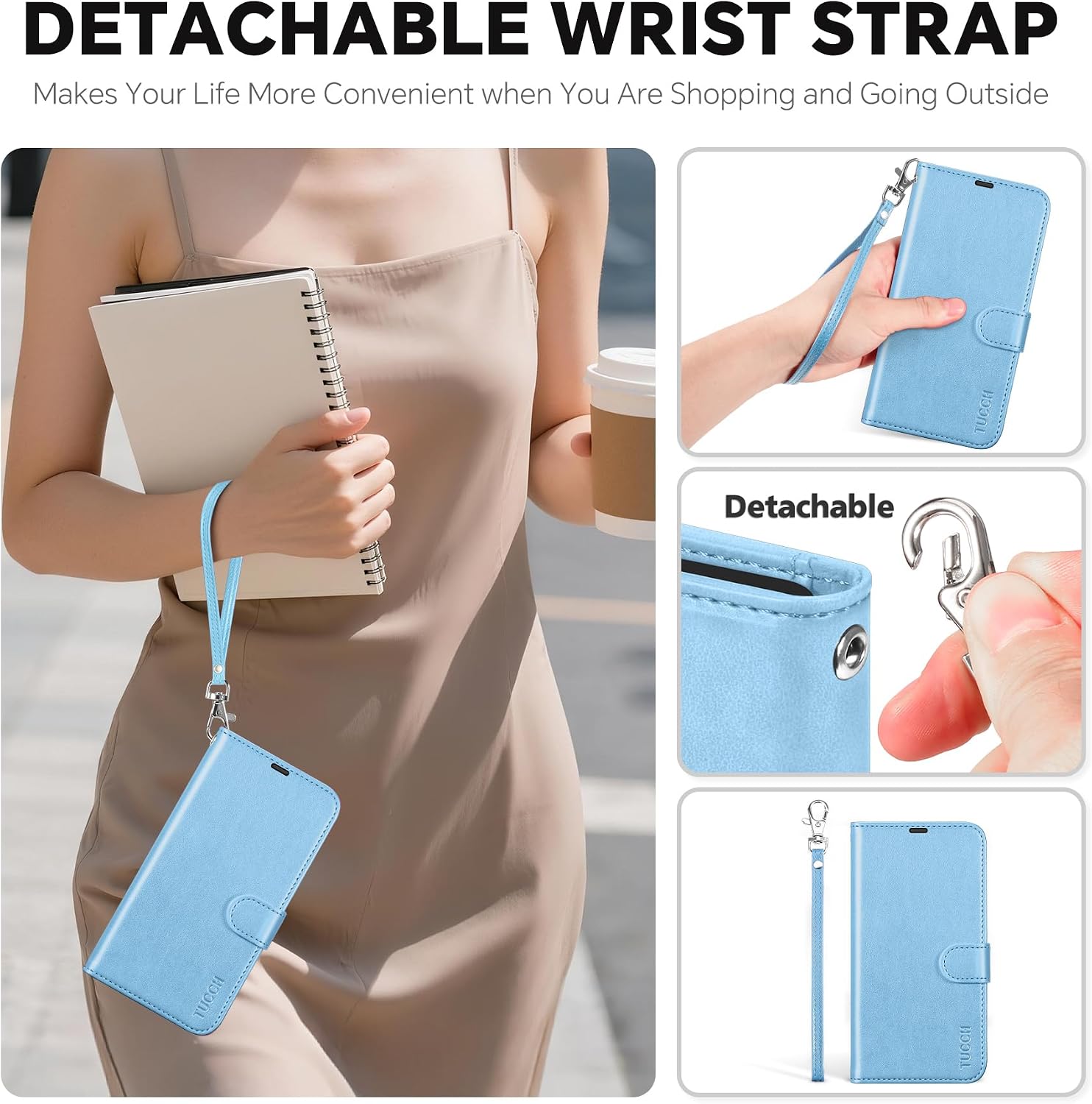 TUCCH 2-in-1 Detachable Wallet Case for Galaxy S26, RFID Blocking 3 Card Slot, Wireless Charging Wrist Strap Kickstand, Magnetic PU Leather Protective Flip Cover for Galaxy S26 6.3", Pearly Light Blue