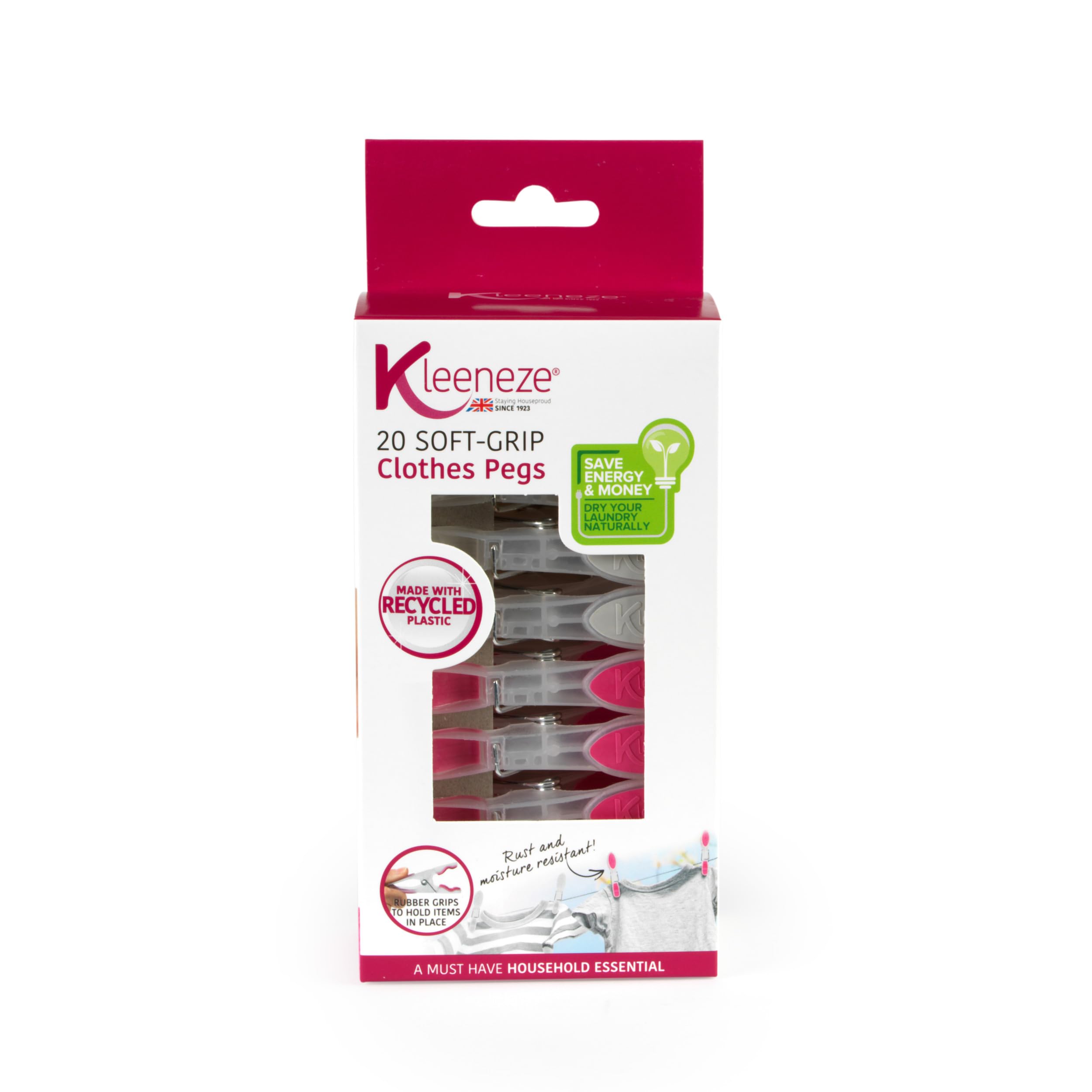 Kleeneze 20-Pack Laundry Pegs – Durable Clothespins, Soft Ergonomic Rubber Grip, Rust & Moisture Resistant, Recycled Plastic Garment Pins for Washing Line/Clothes Airer, Assorted Colours