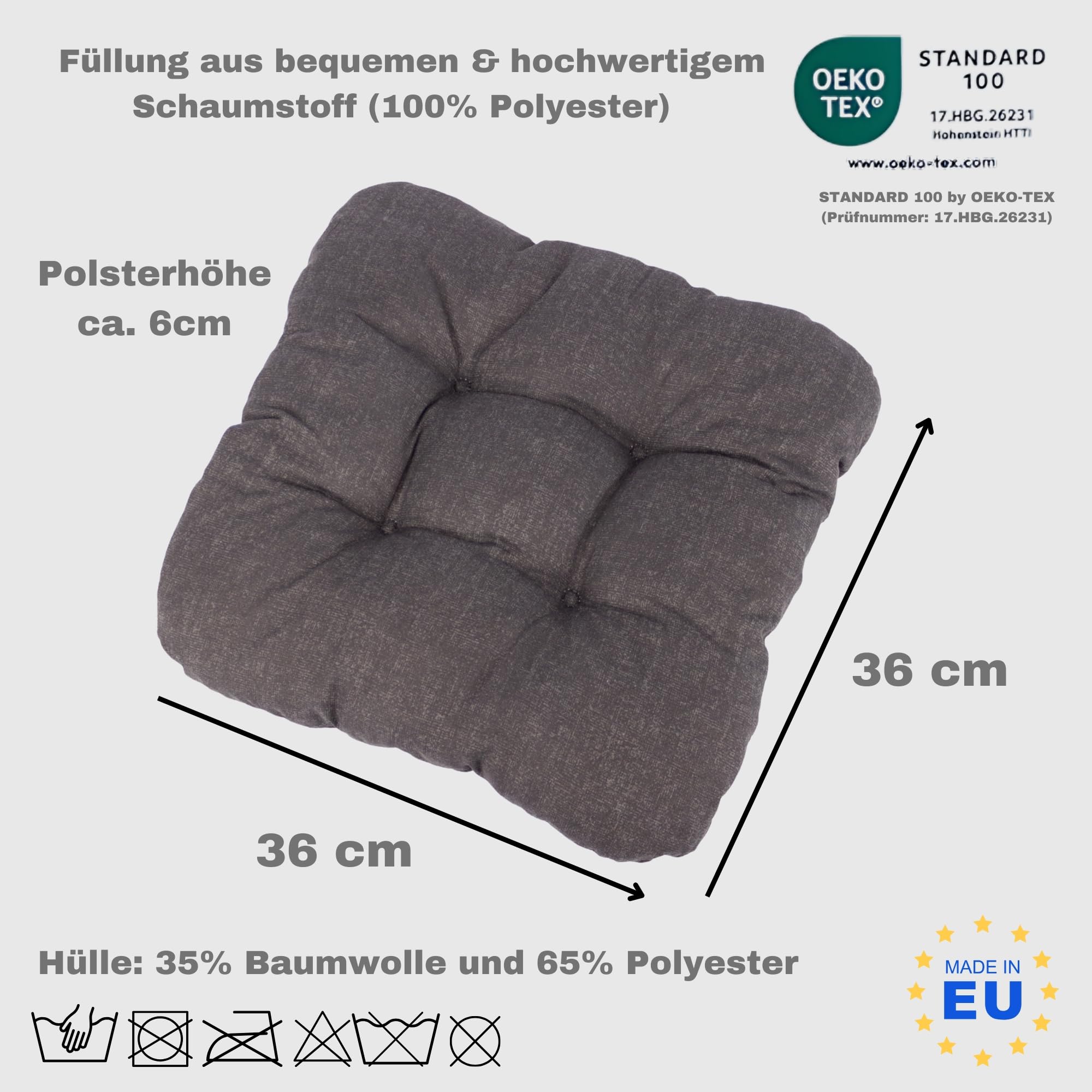 HLKauf 8er Set Anthrazit Sitzkissen 36x36x6 cm | weiche Kissen | Für Garten, Camping, Gastronomie oder Bistro | Oeko-Tex und Made in EU