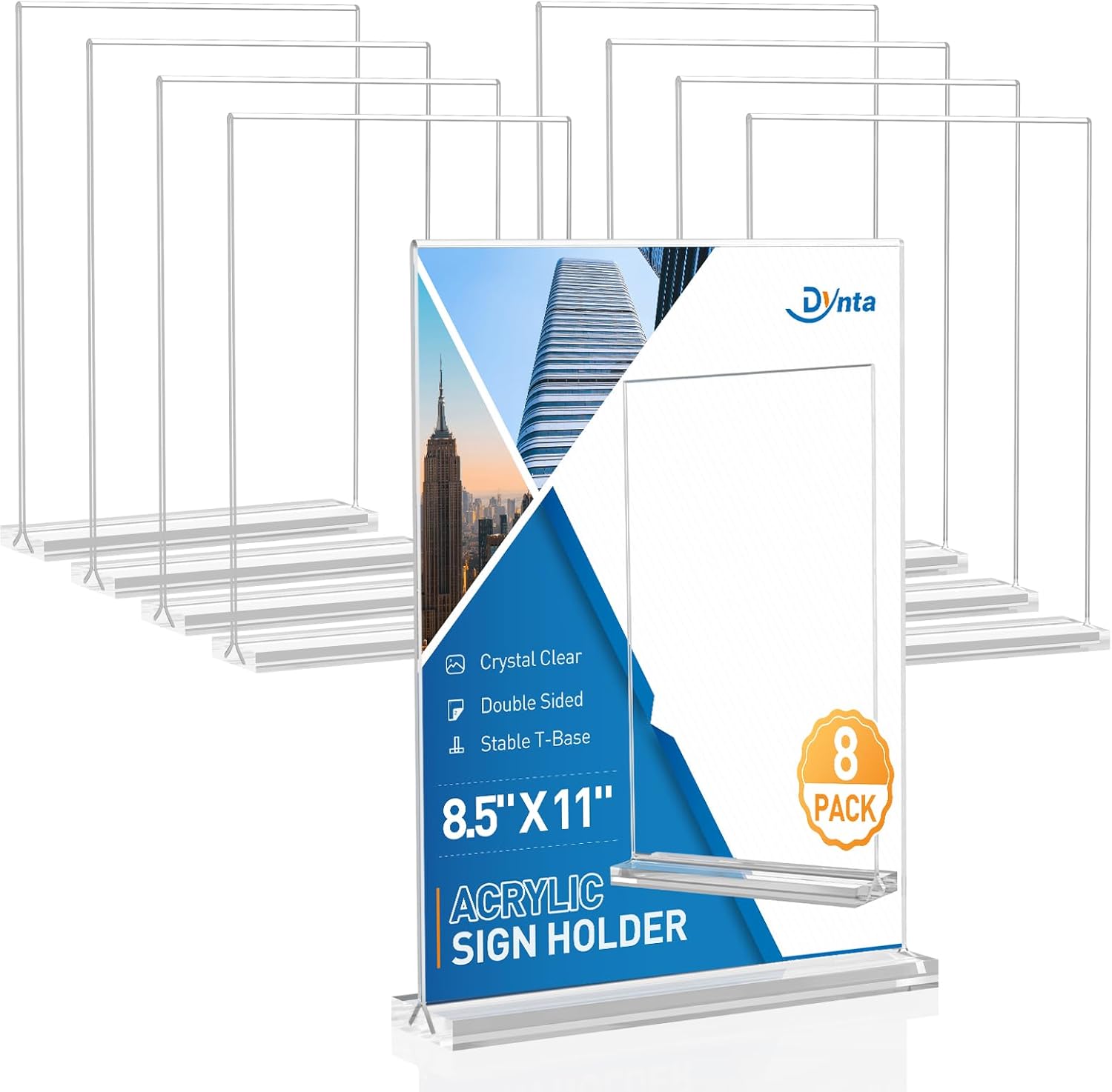 Dynta Acrylic Sign Holder 8.5 x 11 (8 Pack), Clear Vertical Display Stand with Stable Base, High Transparency Acrylic for Signs, Menus, Flyers, Office & Business Countertop Use