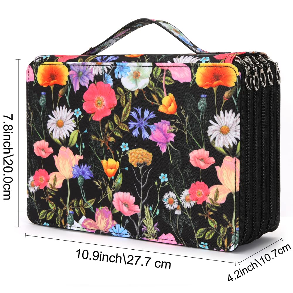 Trousse à crayons de couleur – 252 emplacements avec fermeture éclair en tissu sergé de grande capacité, motif rose, pour étudiant ou artiste (fleur noire)