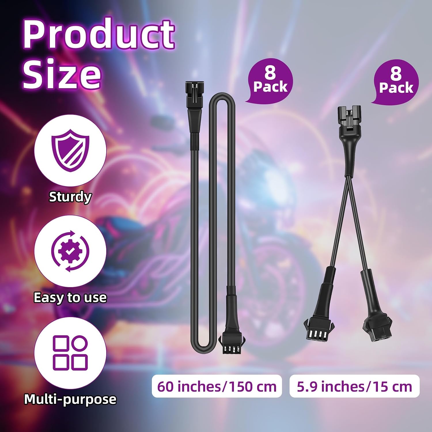 Kanayu 16pcs 60inch 4 Pin Extension Cords and 2 Way Y Splitter for LED Motorcycle ATV Trikes Golf Car Light Multi-Color Neon Strip Trucks Rock Lights