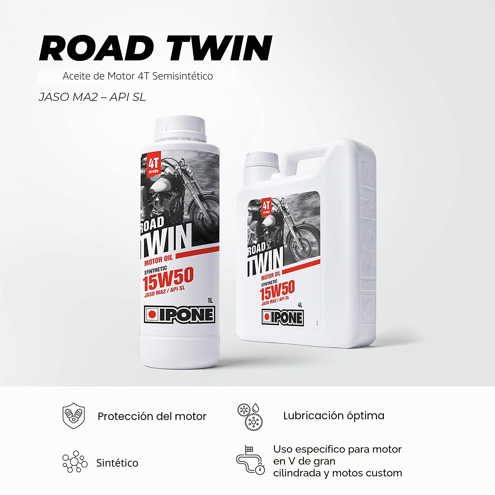 IPONE - Aceite Moto 4 Tiempos 15W50 Road Twin - Semisintético - Lubricación Óptima - Protección del Motor - Bidón 4 litros
