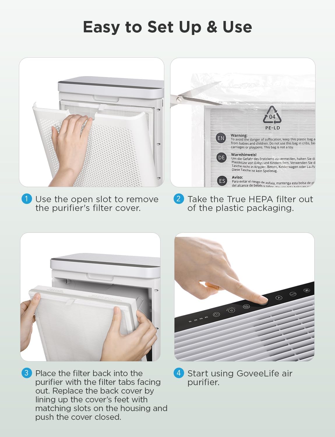 Step 1: Vacuum cleaner attachment cleaning dust from a detachable pre-filter.