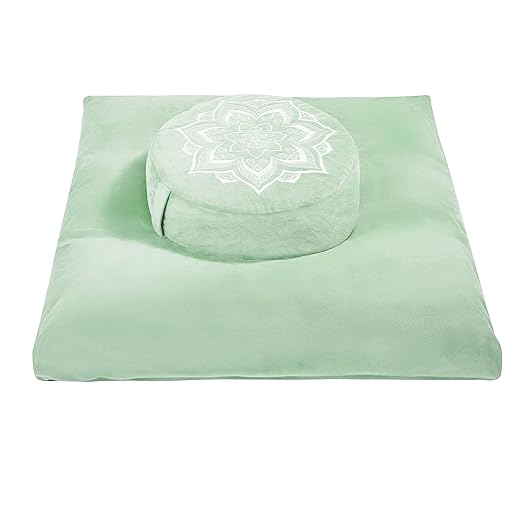 Meditation Zafu Cushion Set with Buckwheat Hulls & Memory Foam - Ergonomic Support for Yoga & Sitting - Removable Machine-Washable Luxury Velvet Cover - for Adults and Kids (Sage Green)
