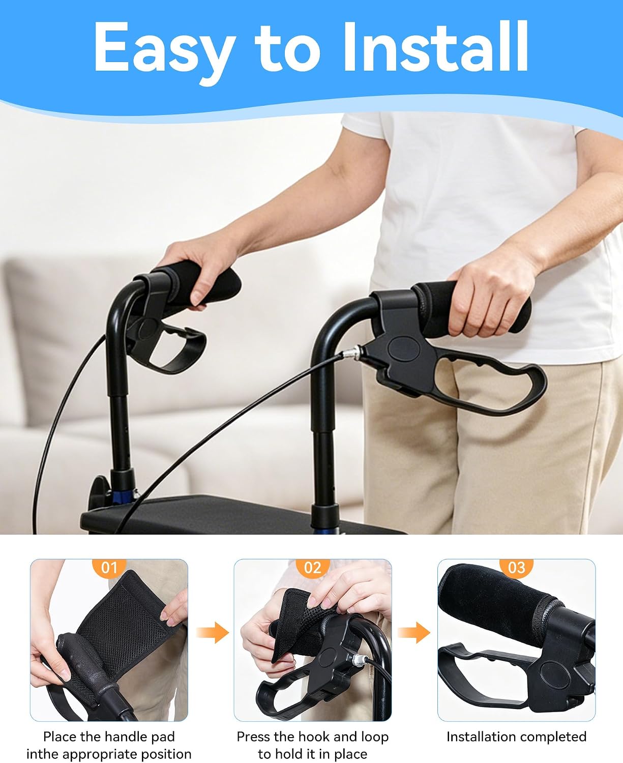 Walker Handle Cushions, Contoured Padded Hand Grip Covers for Rollator & Rolling Wheelchair, Soft Dutch Velvet Non-Slip Mobility Accessory, 1 Pair, Black