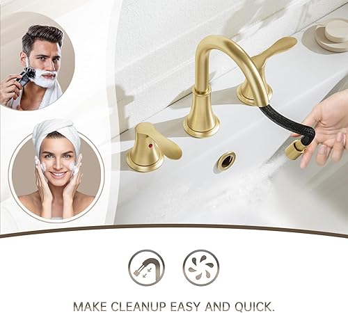 Miniatura 3 de Phiestina WFTY36CL-BG - Grifo de baño de oro cepillado, 8 pulgadas con rociador extraíble, acero inoxidable sin plomo, drenaje emergente de metal,