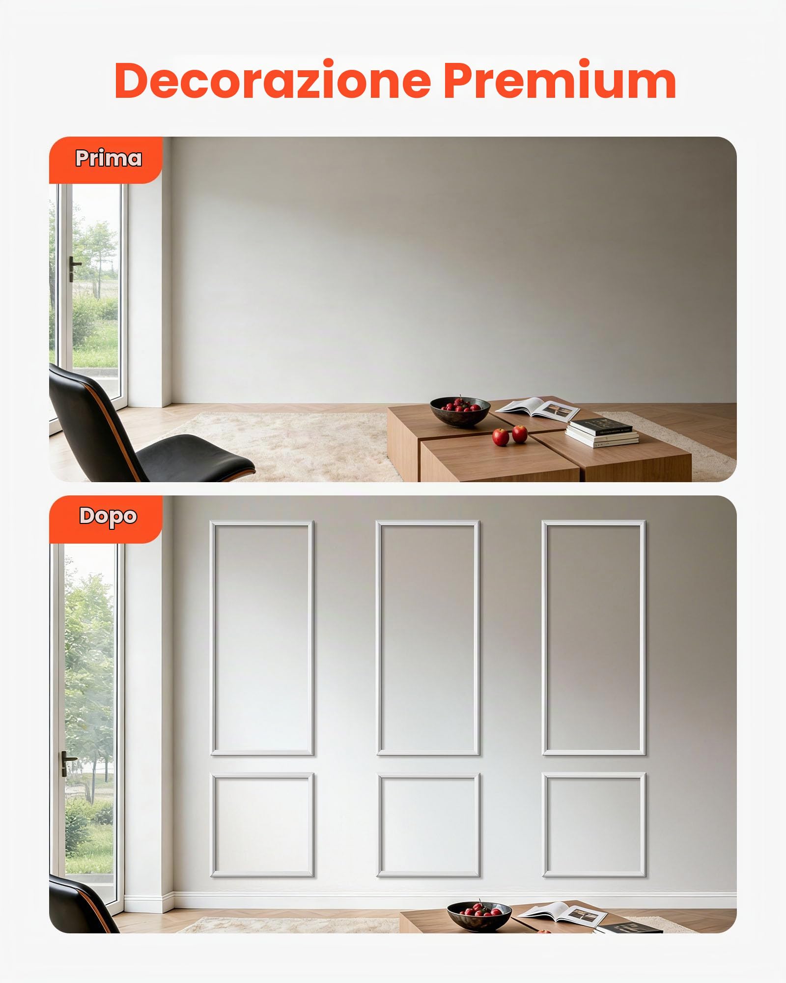 VEVOR Modanature per Pareti Confezione da 3, Pannelli per Rivestimento, Polistirene Leggero Verniciabile Facile da Installare, Profilo Largo Impermeabile per Interni Soggiorno, Camera da Letto