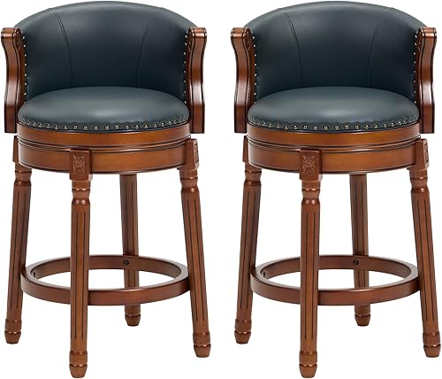 Miniatura 14 de CozyRain Taburetes de bar de madera de goma, taburete de bar tapizado de cuero con respaldo y reposapiés para el hogar, cocina, mostrador, comedor