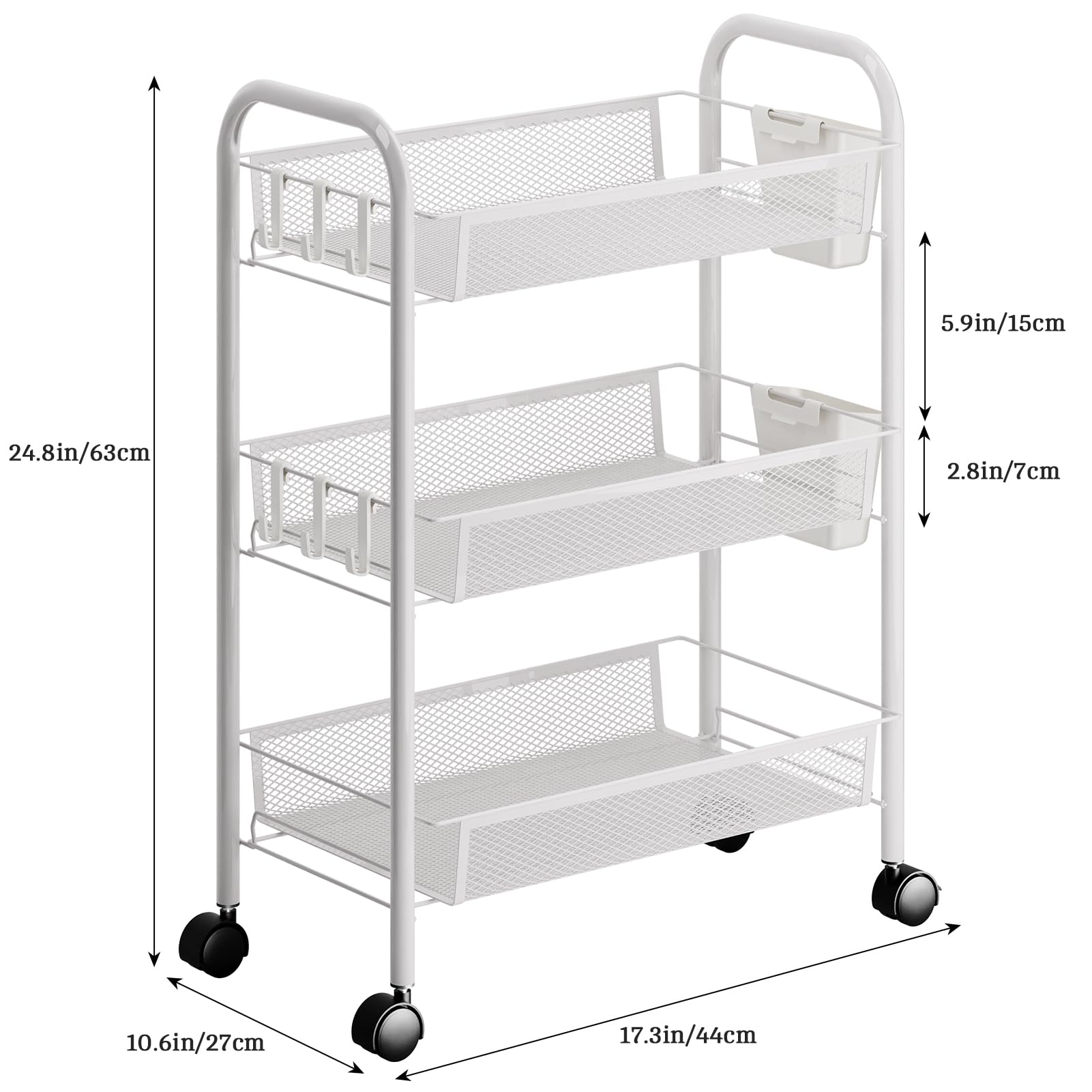 Carrito de almacenamiento de metal rodante de 5 niveles, carrito multiusos con cestas de frutas y verduras para cocina, despensa, baño, 3 capas, acabado blanco