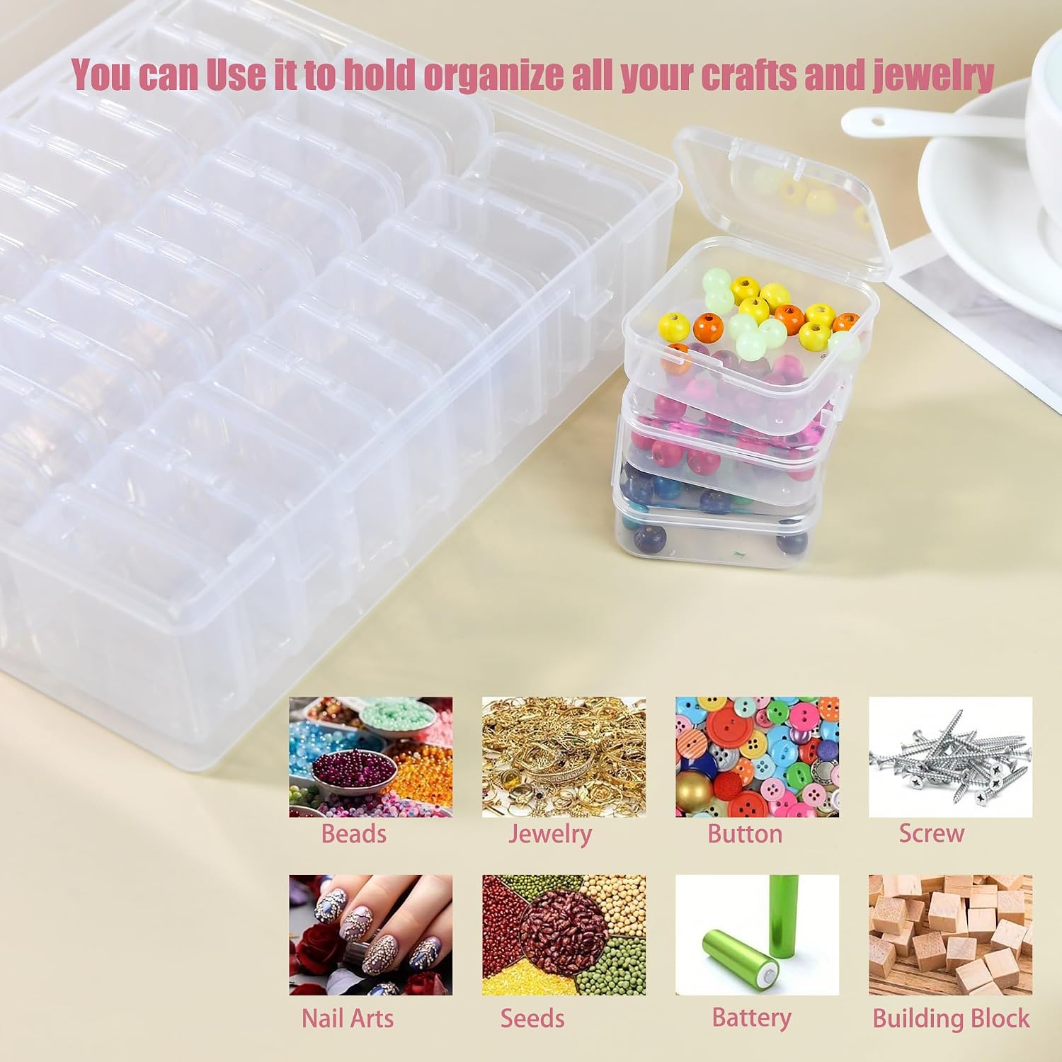 Bead Organizer Box with Hinged Lids - 31 PCS Clear Plastic Storage Containers for Jewelry Making, DIY Crafts, Nail Art, and Small Parts - Portable Craft Organizer for Beads, Threads (8.6" x 6.8")