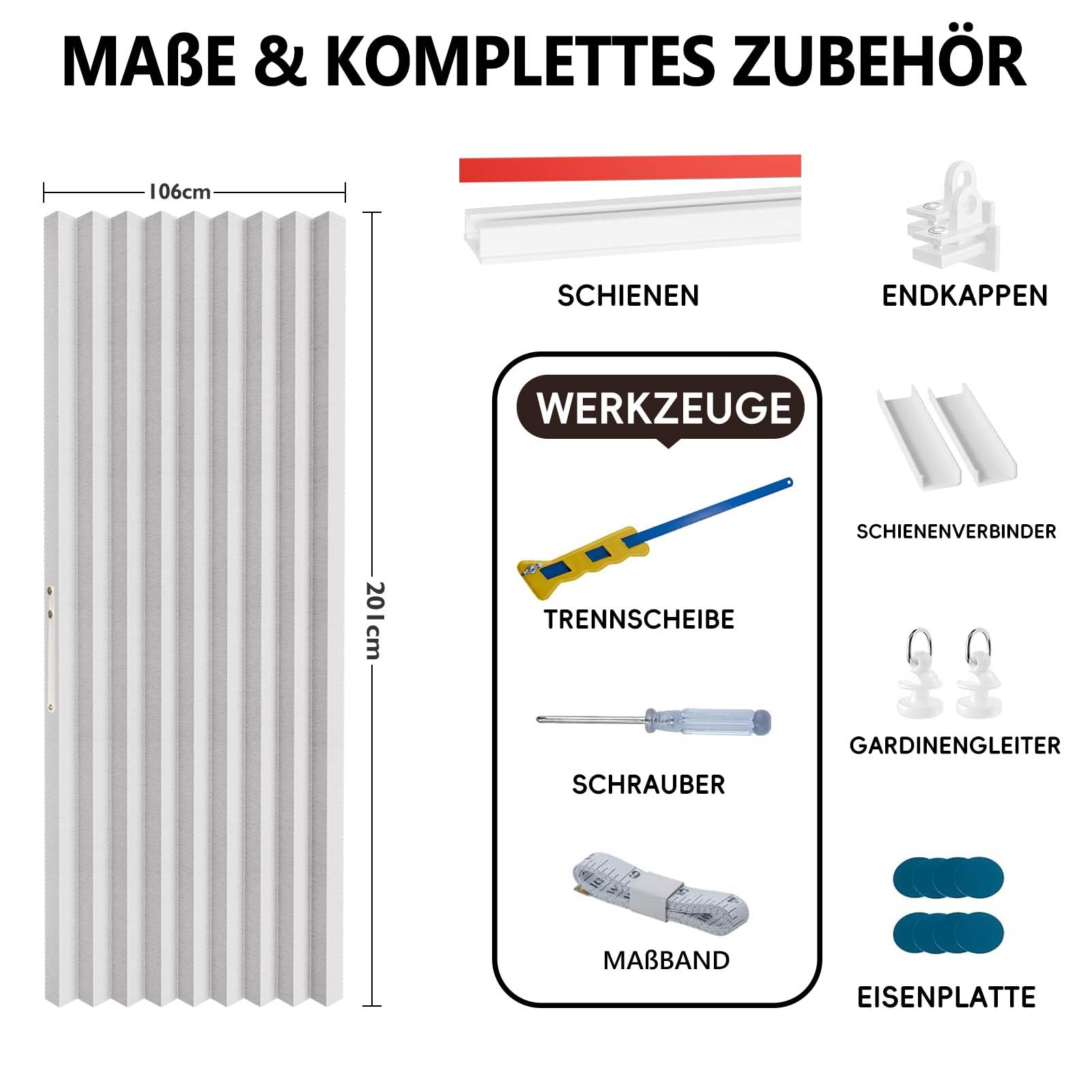 Jilron 100% Blickdichter Türvorhang – Faltbarer Akordion-Stil mit Magnetverschluss, Klebemontage ohne Bohren, inkl. Klebeschiene, Verdunkelung & Windschutz,Weiß, H201 x B106 cm
