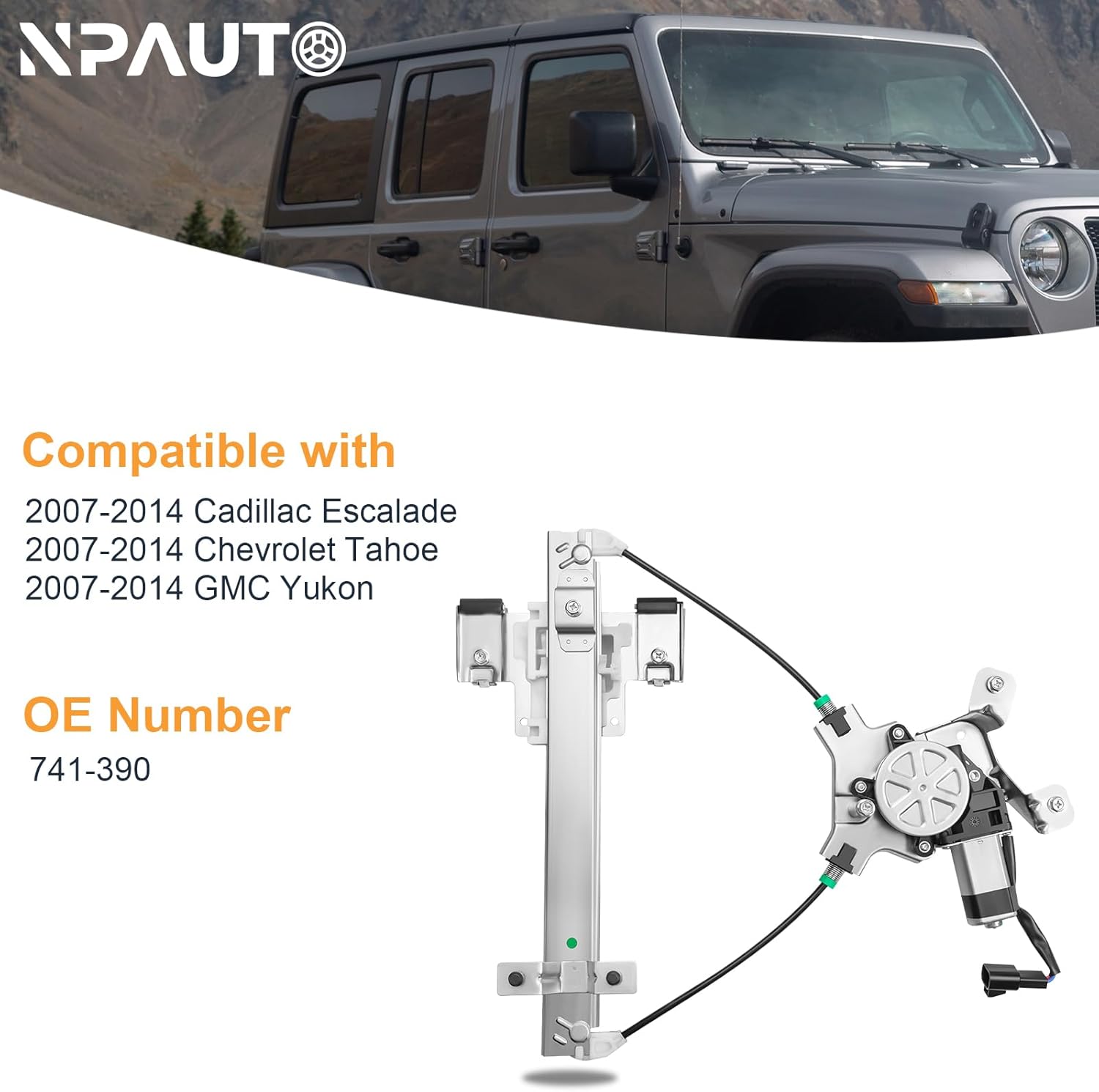 NPAUTO Rear Left Driver Side Power Window Regulator with Motor fit for 07-14 Chevy Tahoe, GMC Yukon, Cadillac Escalade 2007 2008 2009 2010 2011 2012 2013 2014, 741-390