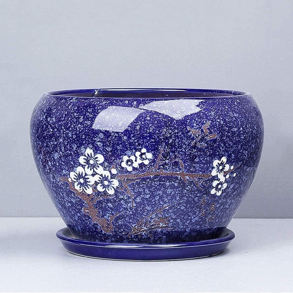 Ceramic Flower Pot Decorative Painted Floral Pattern Plant Pot Large Round Blue Breathable Gardening Flower Pot with Drainage Hole and Saucer Garden Balcony Succulent Planter